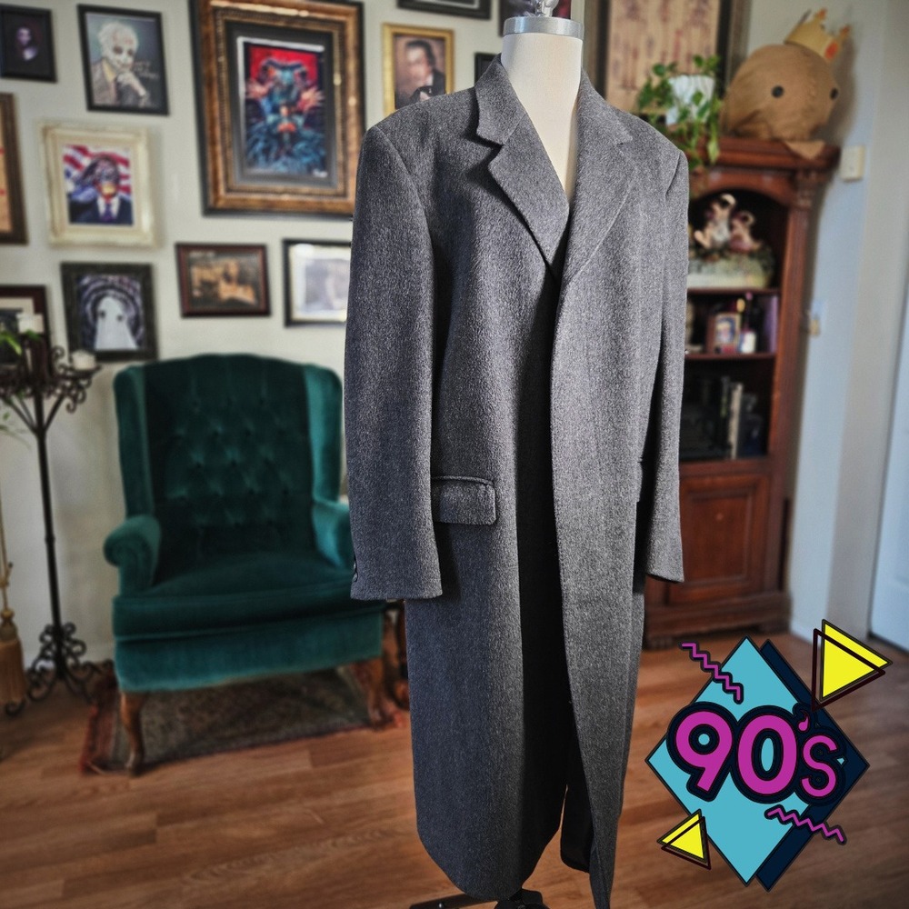 Kindler Trench‎ Coat Overcoat Vintage 90s Gray Wool Cashmere England Long Mens L